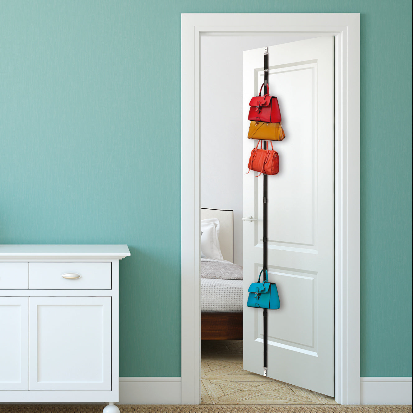 Organizador Bolsos Puerta o Pared, Ahorra Espacio, Capacidad para 8 Bolsos, Con Ganchos para Puertas con Espesor de 2-4 cm, Muy Resistente y Graduable, Máxima Calidad, Duradero, Material: Políamida, ABS y Hierro