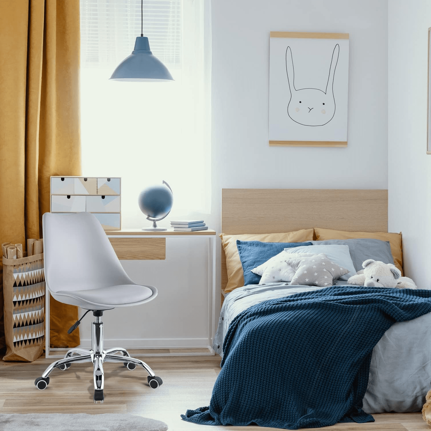 Silla Escritorio Ergonómica con Ruedas, Silla Oficina Giratoria con Altura Ajustable, Acolchada, Estilo Nórdico, Ideal para Estudio y Oficina