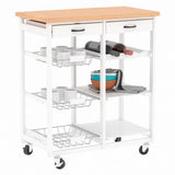 Carro Auxiliar de Cocina de Madera con Ruedas, Carrito Organizador con 2 Cajones, Estantes y Cestas Extraíbles, Diseño Multifuncional para Almacenamiento y Servicio, Blanco, 68 x 37 x 75 cm