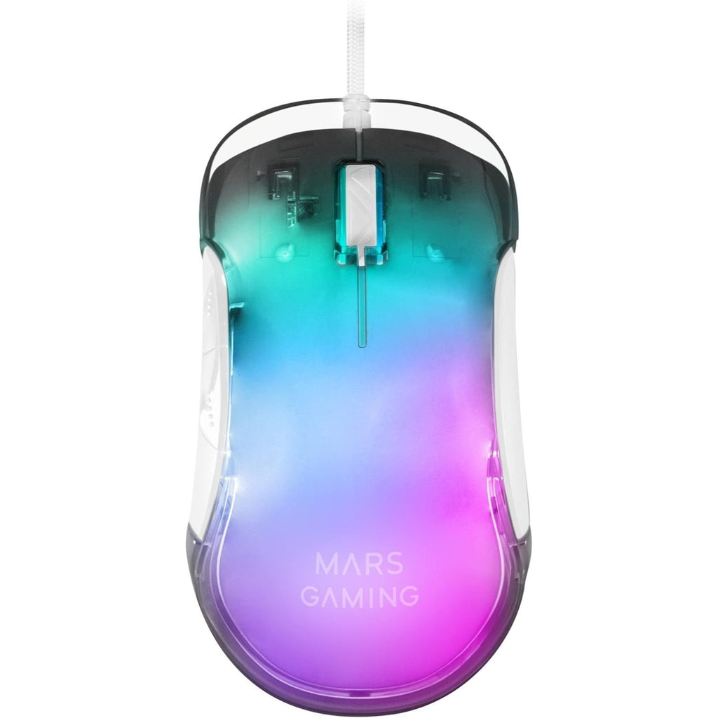 Mars Gaming MMGLOW, Ratón Gaming Ultraligero con Iluminación RGB Chroma-Glow, Sensor Óptico 12800 dpi, Cable Feather Paracord, Switches Huano, Software Personalizable, Blanco