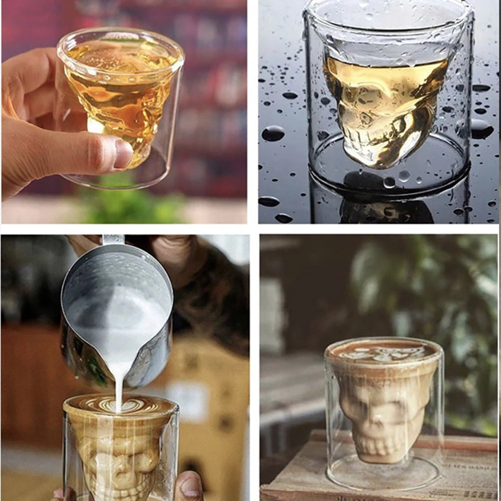 x3 Vaso Calavera de Cristal, Muy Resistentes, Base Gruesa y Estable, Doble Pared, Térmicos, Forma Interior de Calavera 3D, 3 unidades 130ml