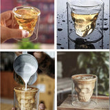 x3 Vaso Calavera de Cristal, Muy Resistentes, Base Gruesa y Estable, Doble Pared, Térmicos, Forma Interior de Calavera 3D, 3 unidades 130ml