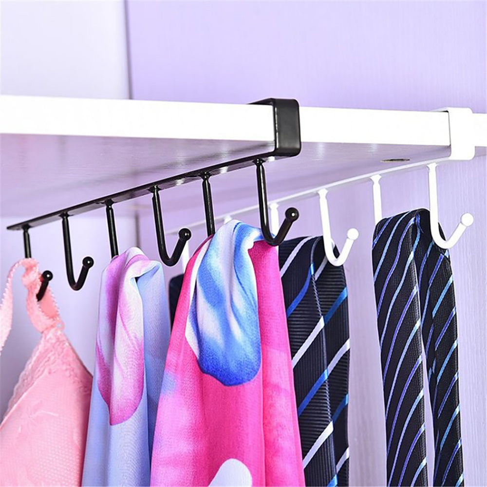 Colgador de Ropa con 6 Ganchos, Percha de Ropa Metálica, Colgador Utensilios Cocina, Ganchos para Colgar Ropa, Ideal para Aprovechar y Optimizar el Espacio, Fácil Instalación y Sin Perforaciones, 25 x 4 x 2,5 cm