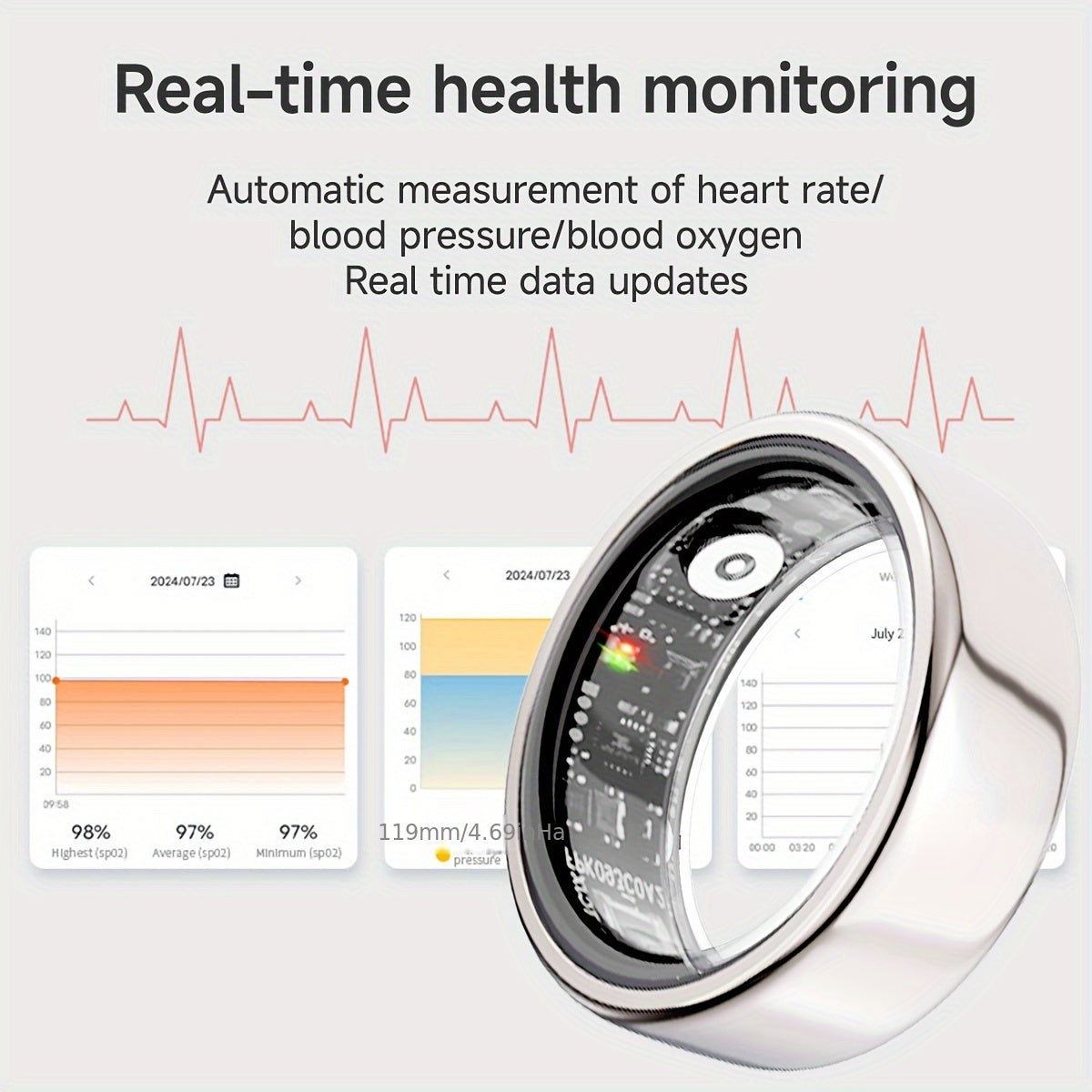 Anillo, Monitor de Pasos, Calorías y Oxígeno, Monitor y Calidad del Sueño, Bluetooth v5.1, Carga Magnética, APP JYouPro, Compatible con Android 5.0, iOS10.0 o superior, 128kb ROM + 96kb RAM - 17,5 mAh, Uso Aproximado 5-7 días