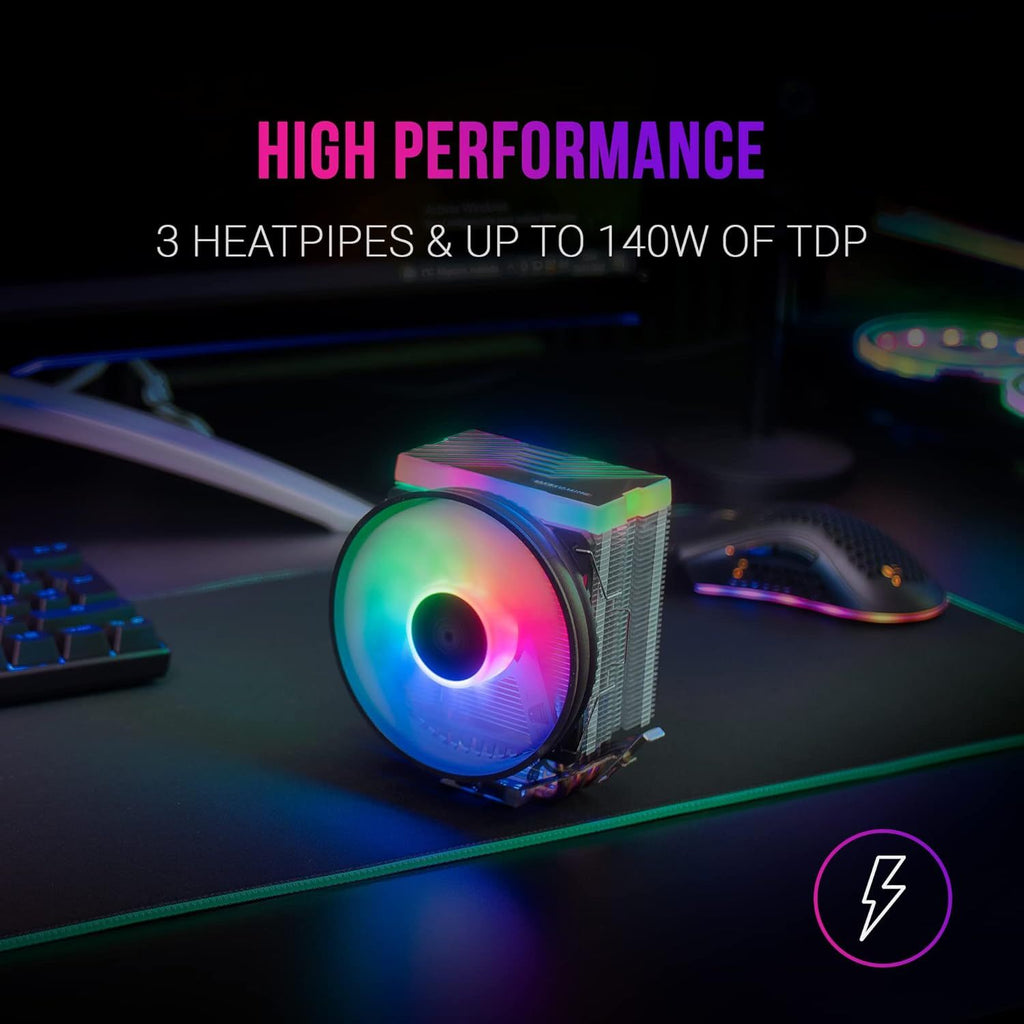 Mars Gaming, MCPU33, Disipador CPU Dual FRGB, 3 Heatpipes HCT, TDP 140W, Ventilador Ultra-silencioso PWM 11 cm, Color Negro