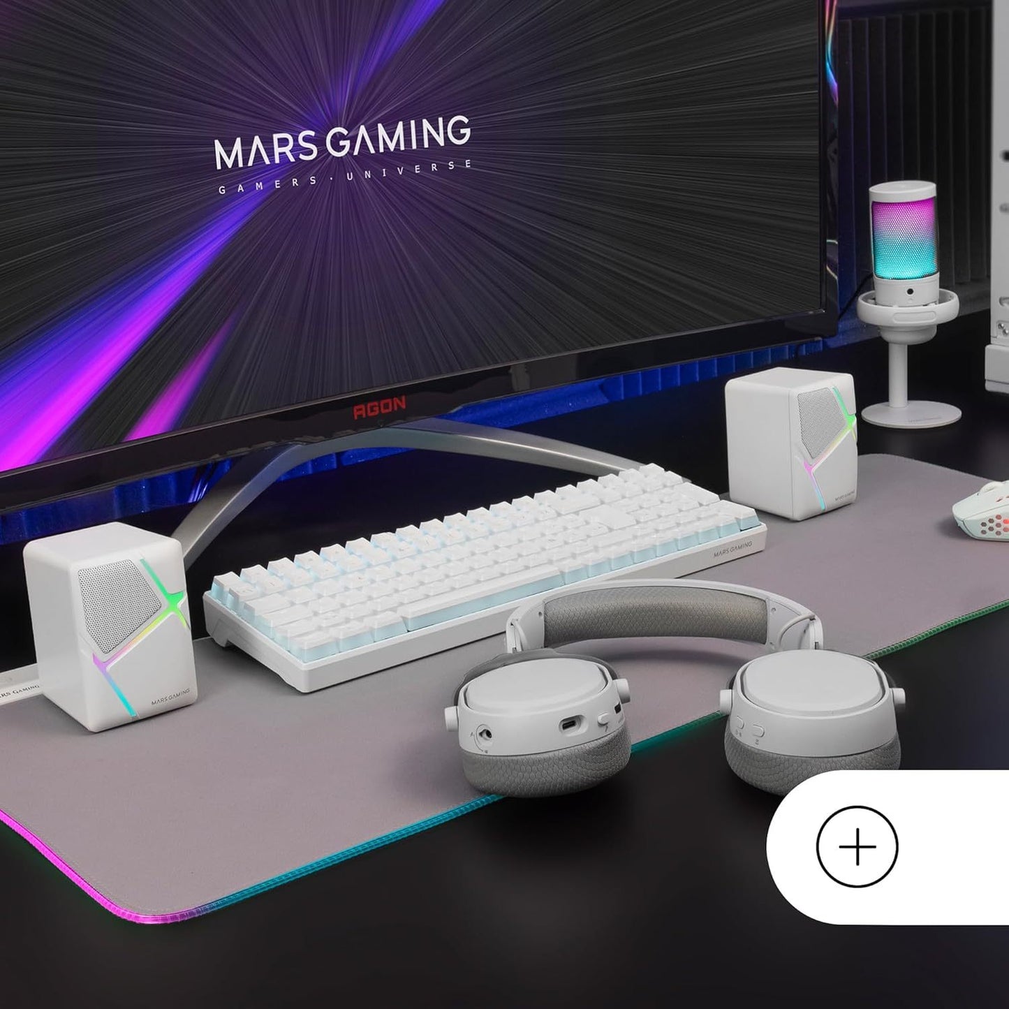 Mars Gaming MS-H, Altavoces Gaming RGB Flow, Drivers Invertidos y Sonido 3D-Surround 10W, Altavoces Compactos con Caja de Control de Volumen, Conexión Universal Jack 3.5mm, Blanco