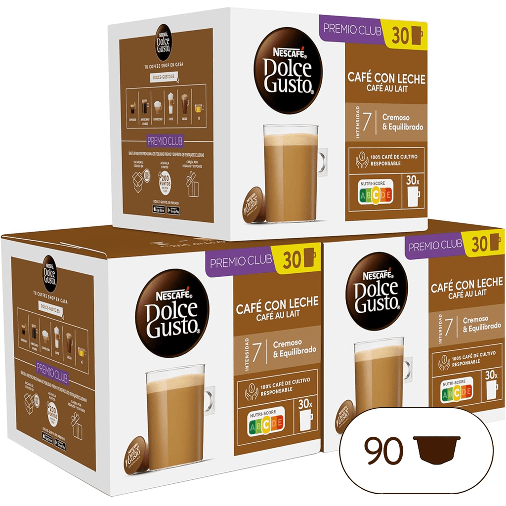 NESCAFÉ Dolce Gusto Café con Leche, 90 Cápsulas de Café, Intensidad 7, Para Cafeteras Dolce Gusto, 90 Cápsulas