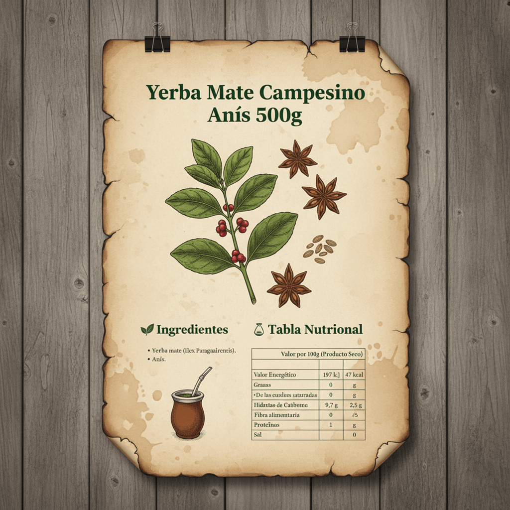 Campesino Yerba Mate, Yerbas para Mate con Sabor a Anís, Té Rico en Vitaminas y Minerales Esenciales, Origen de Paraguay, 500g por Paquete