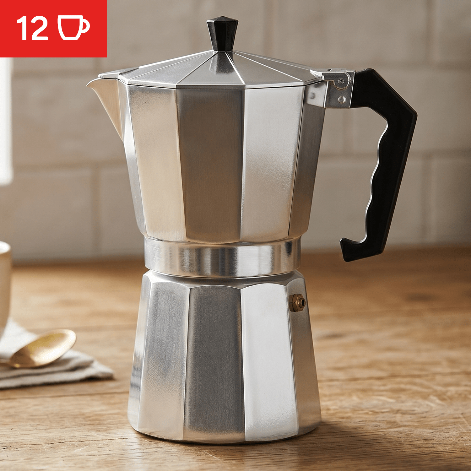 Cafetera Italiana 12 Tazas, Cafetera Italiana de Aluminio con Mango Ergonómico, Compatible con Cocina de Gas, Vitrocerámica e Inducción, Válvula de Seguridad