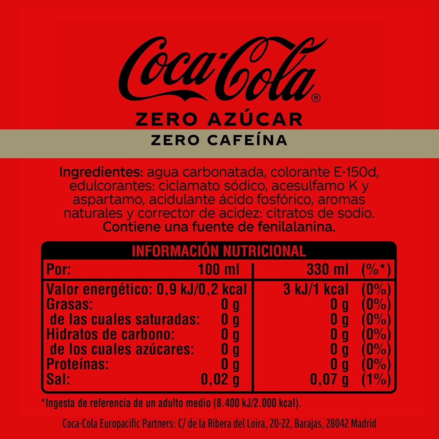 Coca-Cola Zero Azúcar Zero Cafeína, Refresco de Cola sin Azúcar, sin Cafeína y sin Calorías, Pack de 24 Latas de 330ml