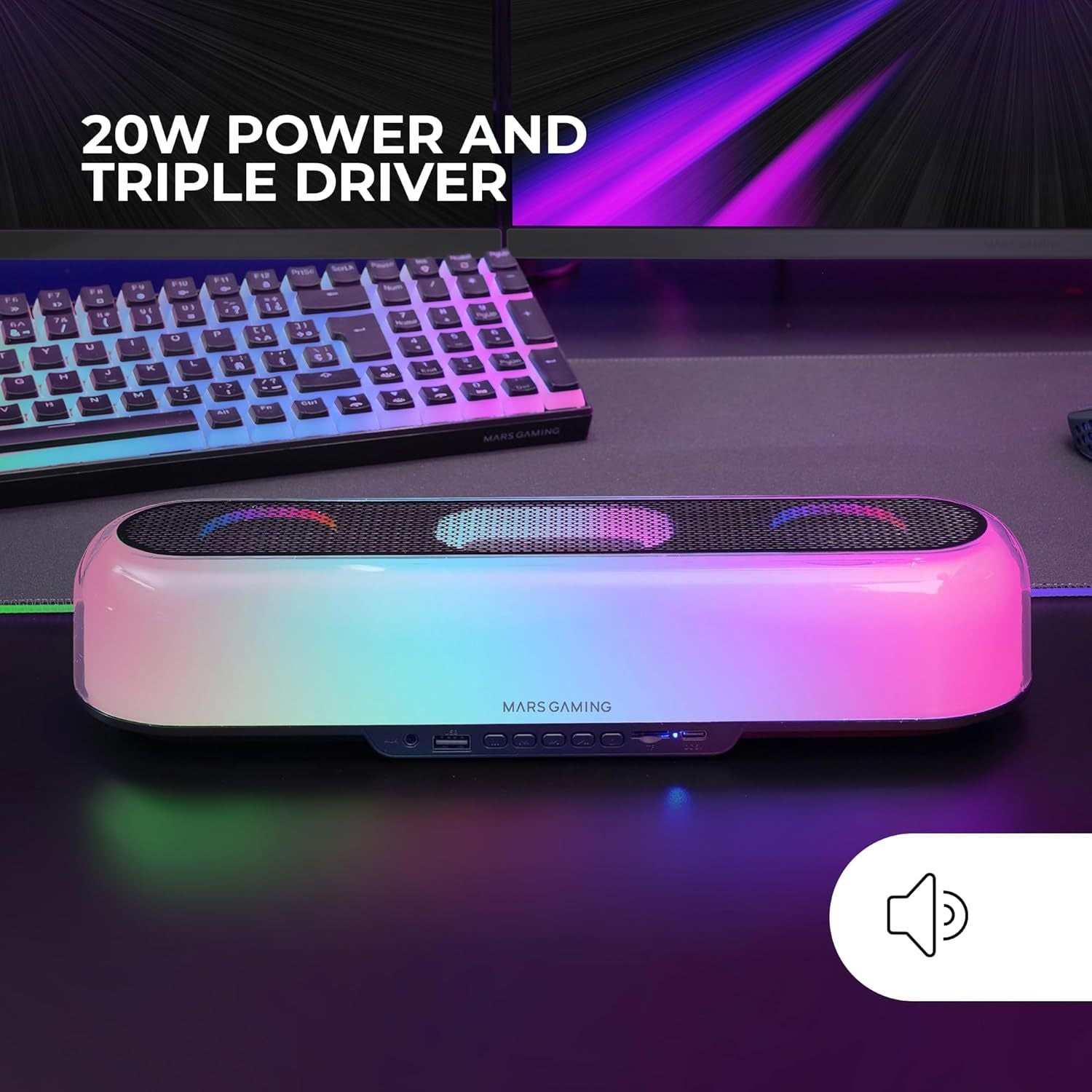 Mars Gaming MSB-Orb, Altavoz Portátil + Barra de Sonido 20W, Iluminación Orbilight RGB 360º, Soundbar con Sistema de Triple Driver, Altavoces Gaming Bluetooth 5.3 / USB/MicroSD/AUX/FM, Negro