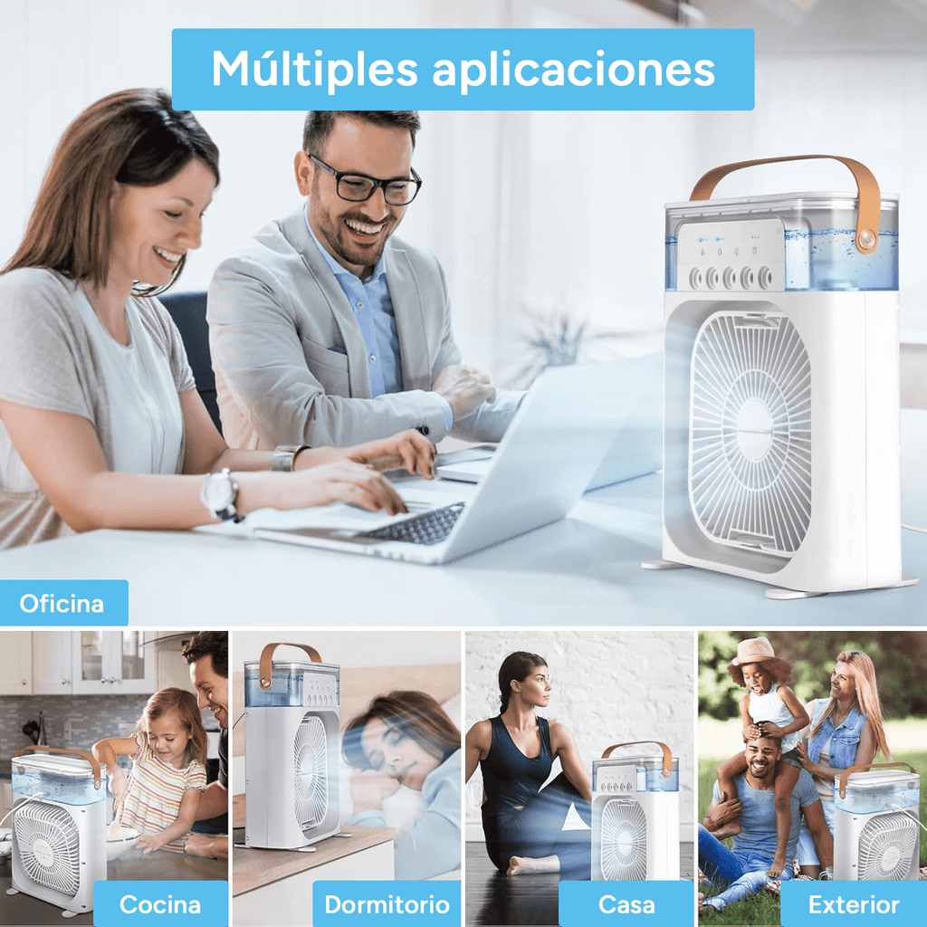 Ventilador Potente de Mesa 5 en 1 con Humidificador, 5 Pulverizadores, 3 Velocidades, LED de 7 Colores, Temporizador y Tanque Extraíble. Portátil, Silencioso y Multifuncional para Escritorio, Hogar u Oficina