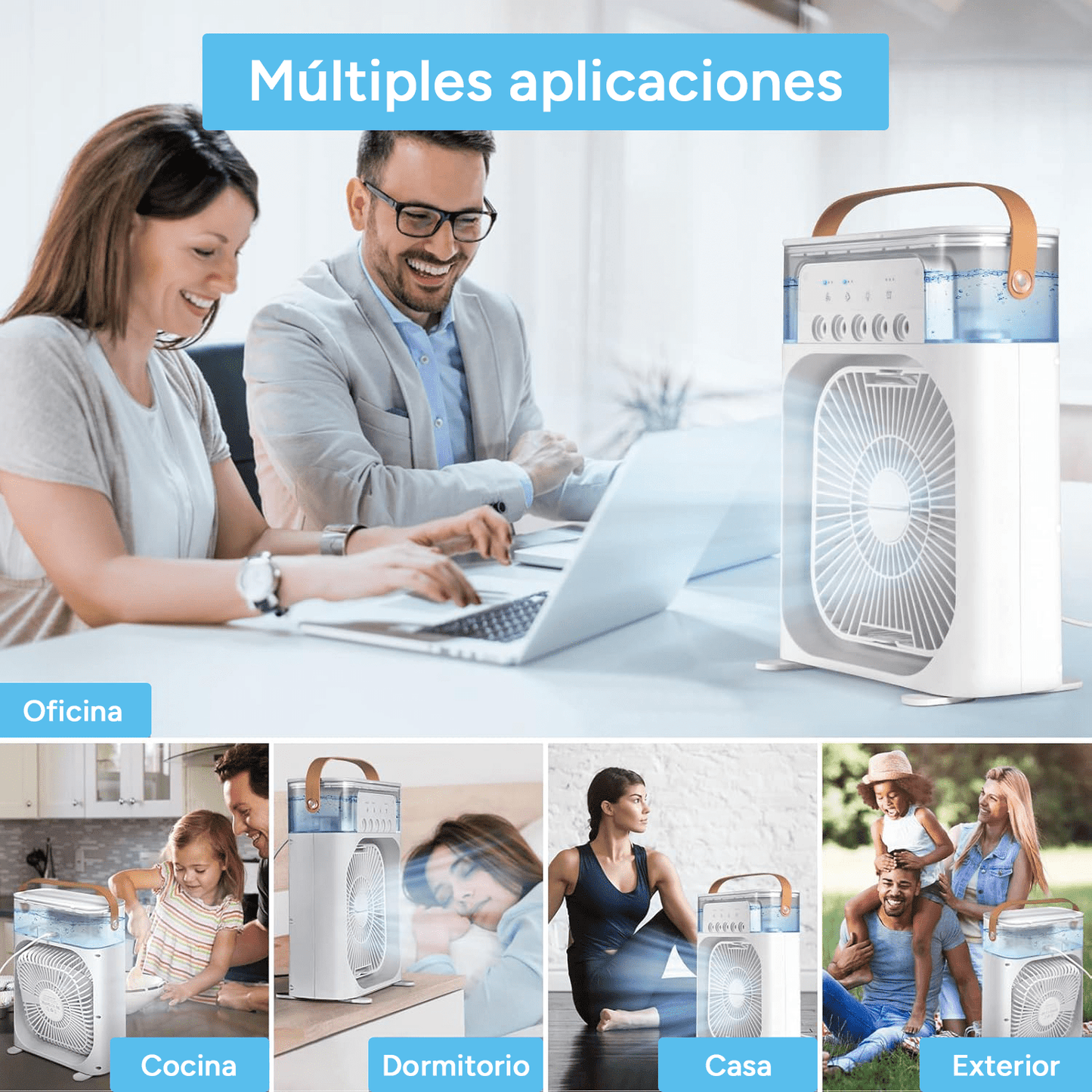 Ventilador Potente de Mesa 5 en 1 con Humidificador, 5 Pulverizadores, 3 Velocidades, LED de 7 Colores, Temporizador y Tanque Extraíble. Portátil, Silencioso y Multifuncional para Escritorio, Hogar u Oficina