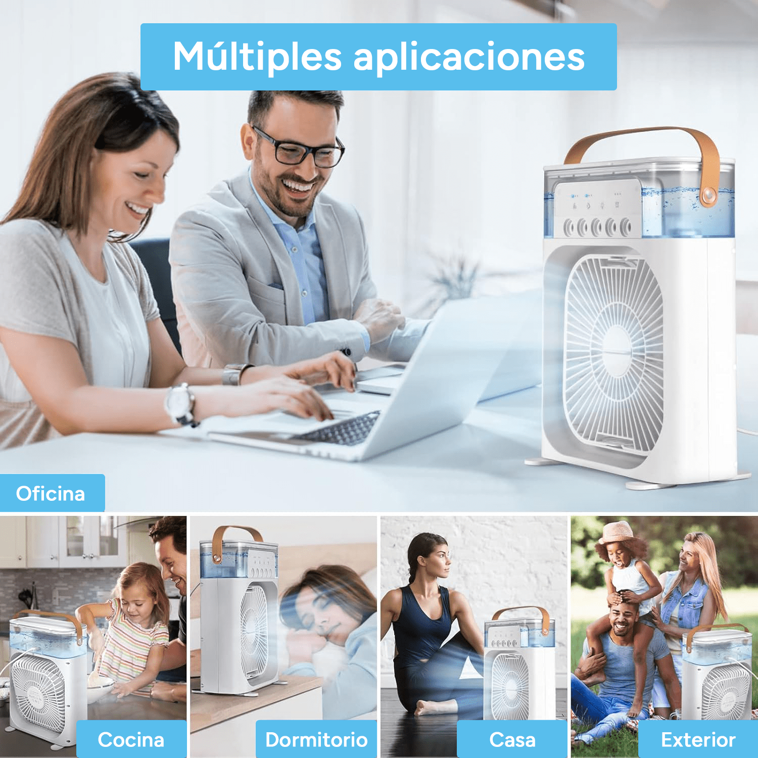 Ventilador Potente de Mesa 5 en 1 con Humidificador, 5 Pulverizadores, 3 Velocidades, LED de 7 Colores, Temporizador y Tanque Extraíble. Portátil, Silencioso y Multifuncional para Escritorio, Hogar u Oficina