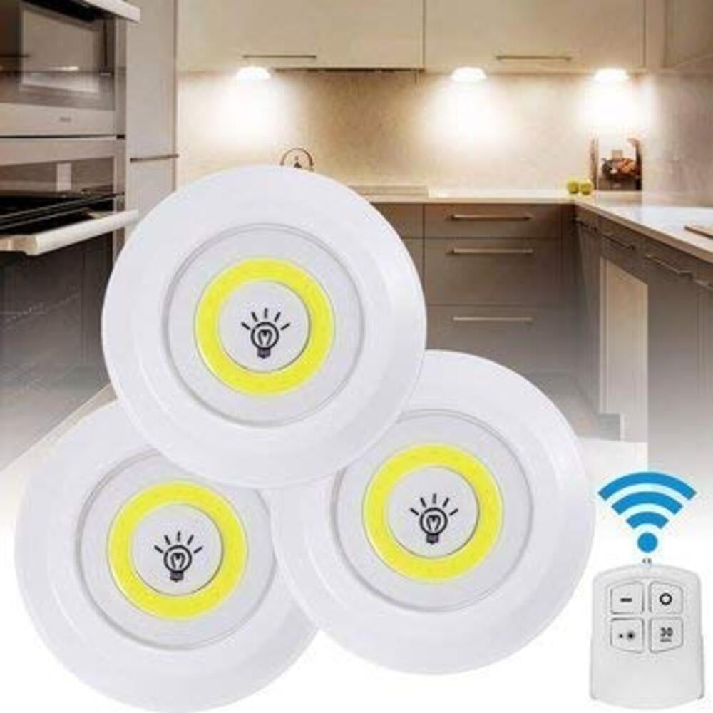 3 Luces LED Inalámbricas, Lampara LED Inalambrica con Control Remoto ideal para Hogar y Oficina, Adhesivas, Control de Intensidad y Temporizador, 100 lúmenes, 1W, Funciona con Pilas (No incluidas)