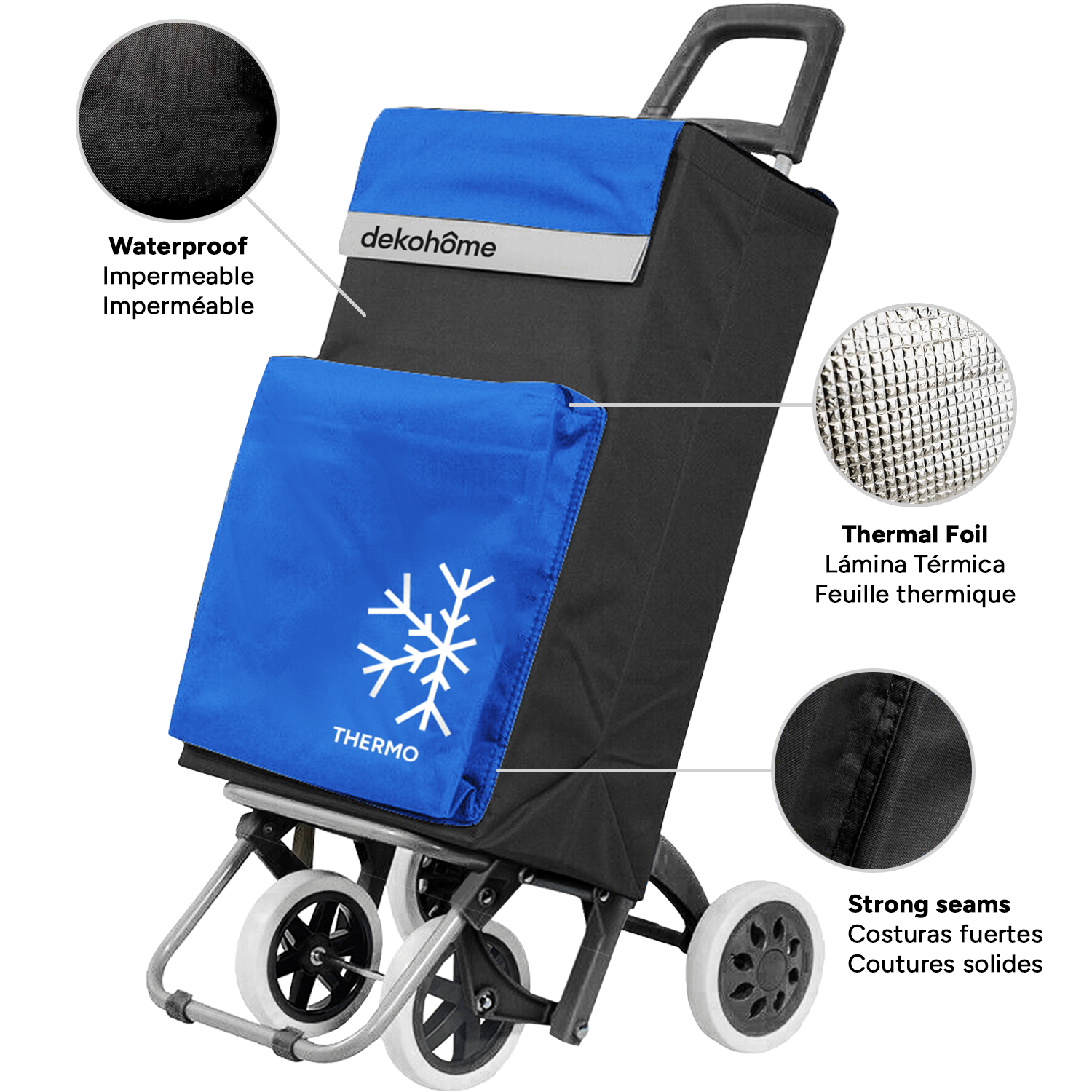 Carro Compra Plegable 4 Ruedas con Bolsillo Térmico para Congelados, Carro Plegable con Ruedas, 54 Litros de Capacidad y 40 Kg de Carga Máxima, Compartimentos Extra, Ruedas Grandes Resistentes para Facilitar el Movimiento y el Transporte del Peso