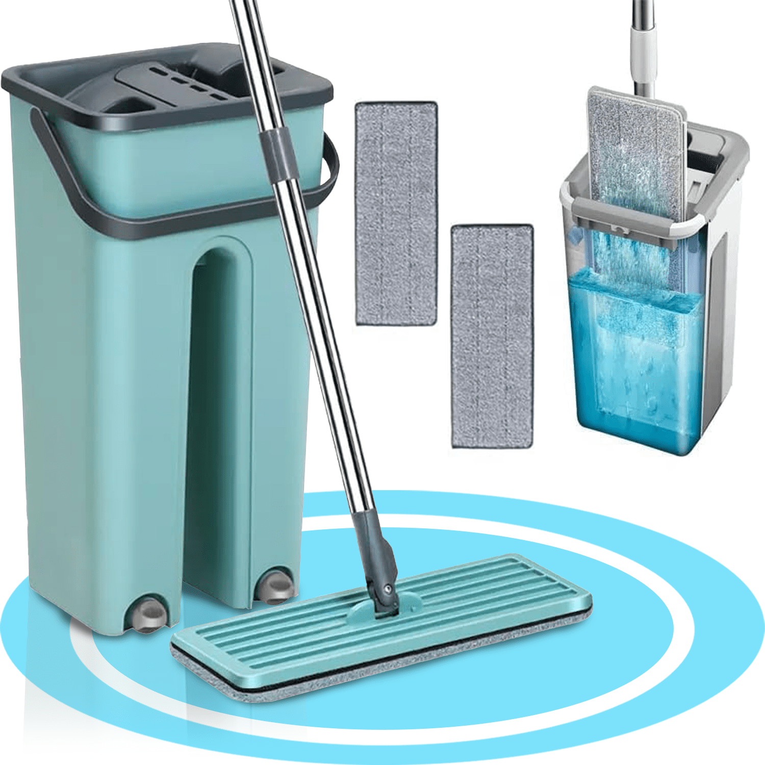 Fregona y Cubo de Limpieza Escurridor con Compartimentos, Cabezal Plano y Flexible Rotación 360. Cubo Escurrefacil. Ideal para Limpiar Suelos, Paredes, Techos, Ventanas, Incluye Recambios Extra