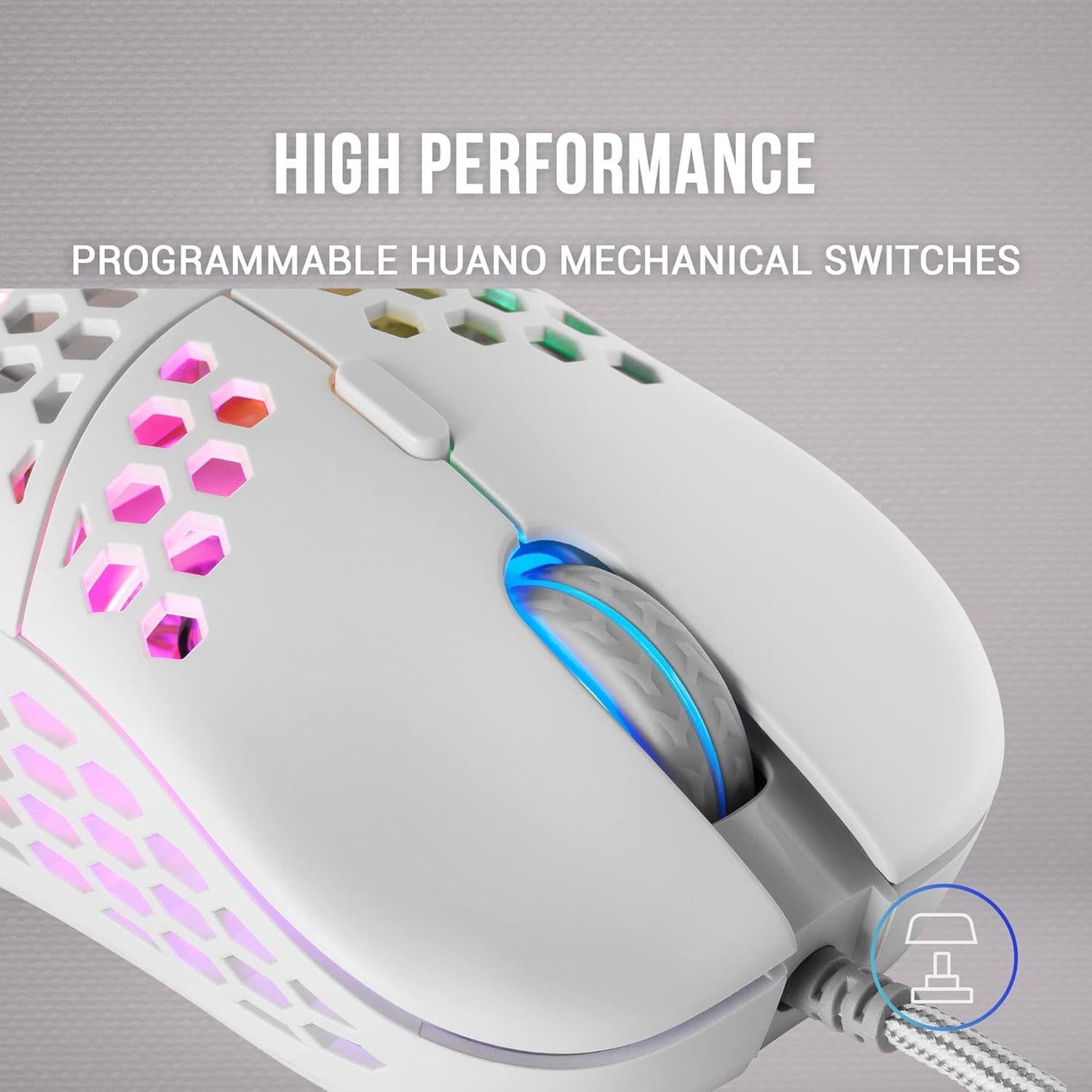 Mars Gaming MM55, Ratón Gaming RGB Chroma, Ultra-Ligero 55g, Sensor Óptico 12800 dpi, Switches Mecánicos Programables HUANO, Cable Paracord, Blanco
