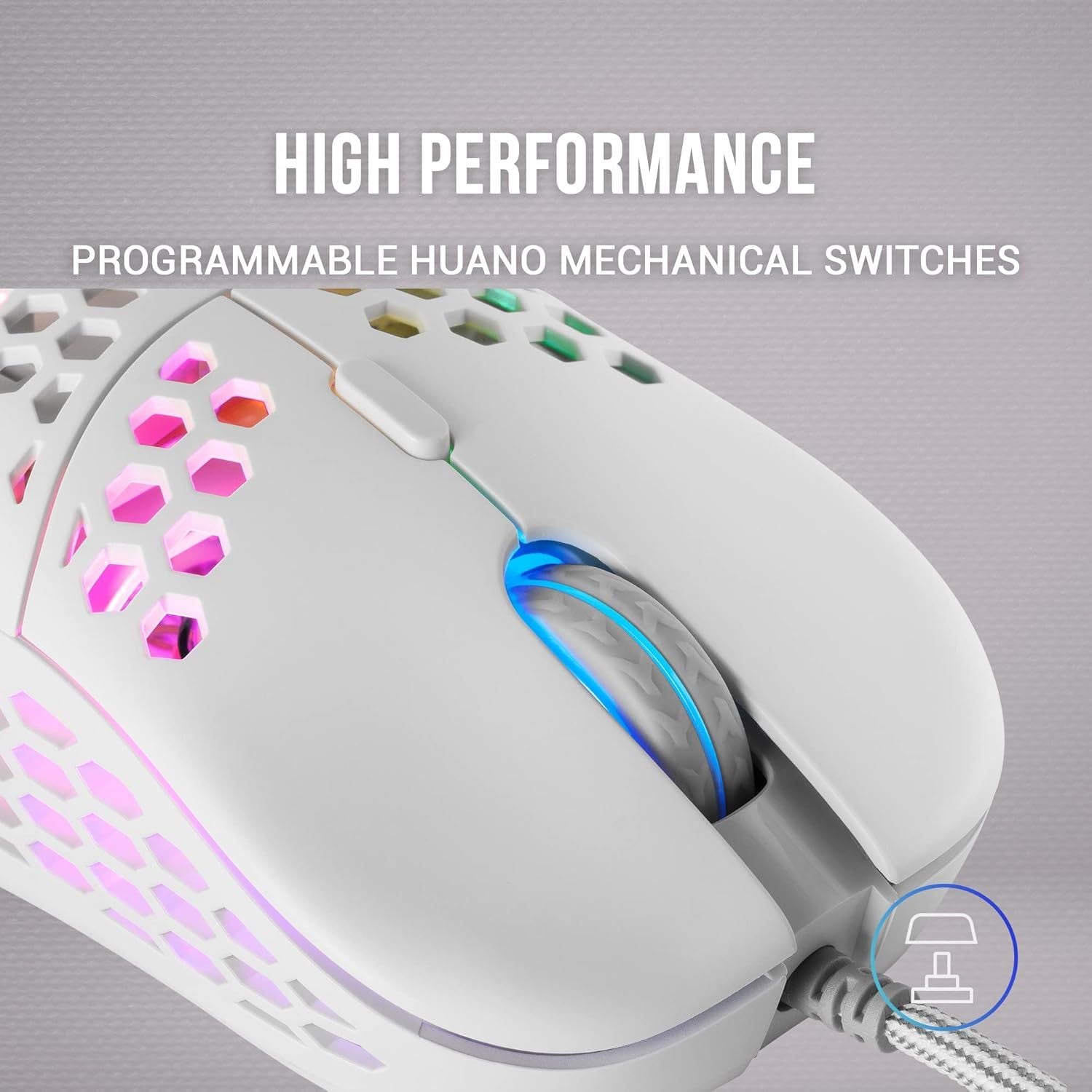 Mars Gaming MM55, Ratón Gaming RGB Chroma, Ultra-Ligero 55g, Sensor Óptico 12800 dpi, Switches Mecánicos Programables HUANO, Cable Paracord, Blanco