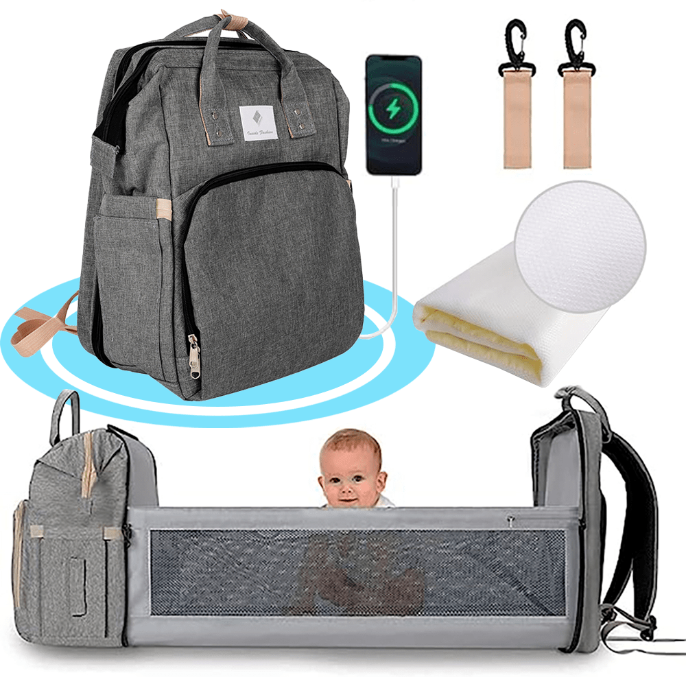 Mochila Cuna Bebe Portatil Multifuncional, Mochila para Pañales con Cuna, Mochila Cambiador Multifuncional para Pañales y Almacenaje de Artículos para Bebé, Múltiples Compartimentos, Graduable y Resistente, Incluye Ganchos para Carro