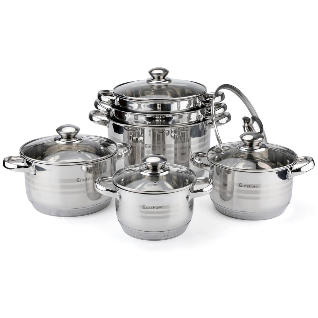 Juego de Ollas de Acero Inoxidable, 12 Piezas, Tapas Incluidas, Apto para Lavavajillas, Apto para Cocina Eléctrica, Gas, Vitrocerámica e Inducción