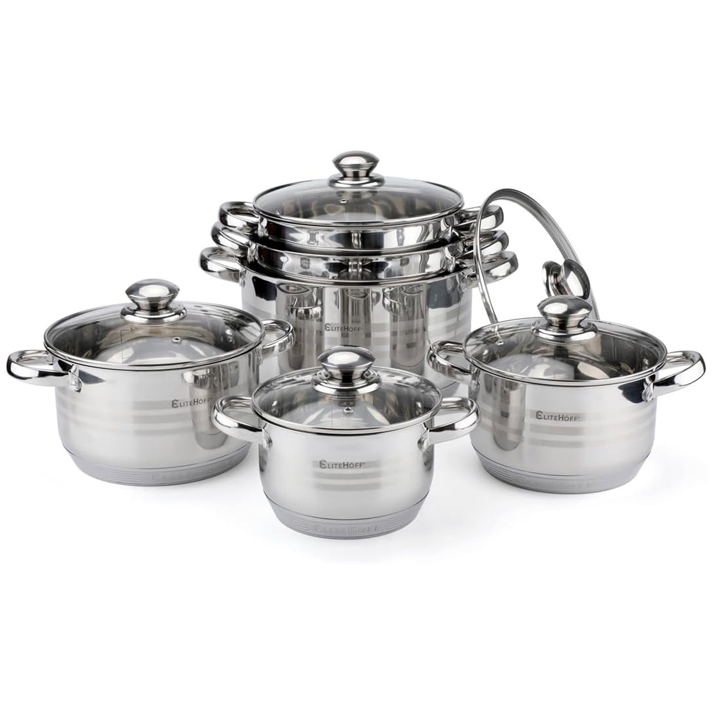 Juego de Ollas de Acero Inoxidable, 12 Piezas, Tapas Incluidas, Apto para Lavavajillas, Apto para Cocina Eléctrica, Gas, Vitrocerámica e Inducción