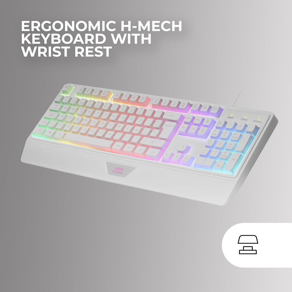 Mars Gaming MCP124, Combo Gaming 3en1, Teclado Ergonómico H-Mech LED RGB, Ratón RGB 3200DPI Switches HUANO, Alfombrilla Nanotextil 360x260mm, Compatibilidad Multiplataforma, Layout Francés, Blanco