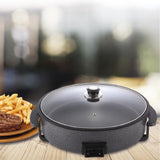 Paellera Eléctrica, Plato de Pizza, Sartén Eléctrica con Tapa de Cristal Templado y Revestimiento Antiadherente, Potencia 1500W, Control de Termostato Ajustable, Asas para Facilitar el Transporte, Fácil de Limpiar