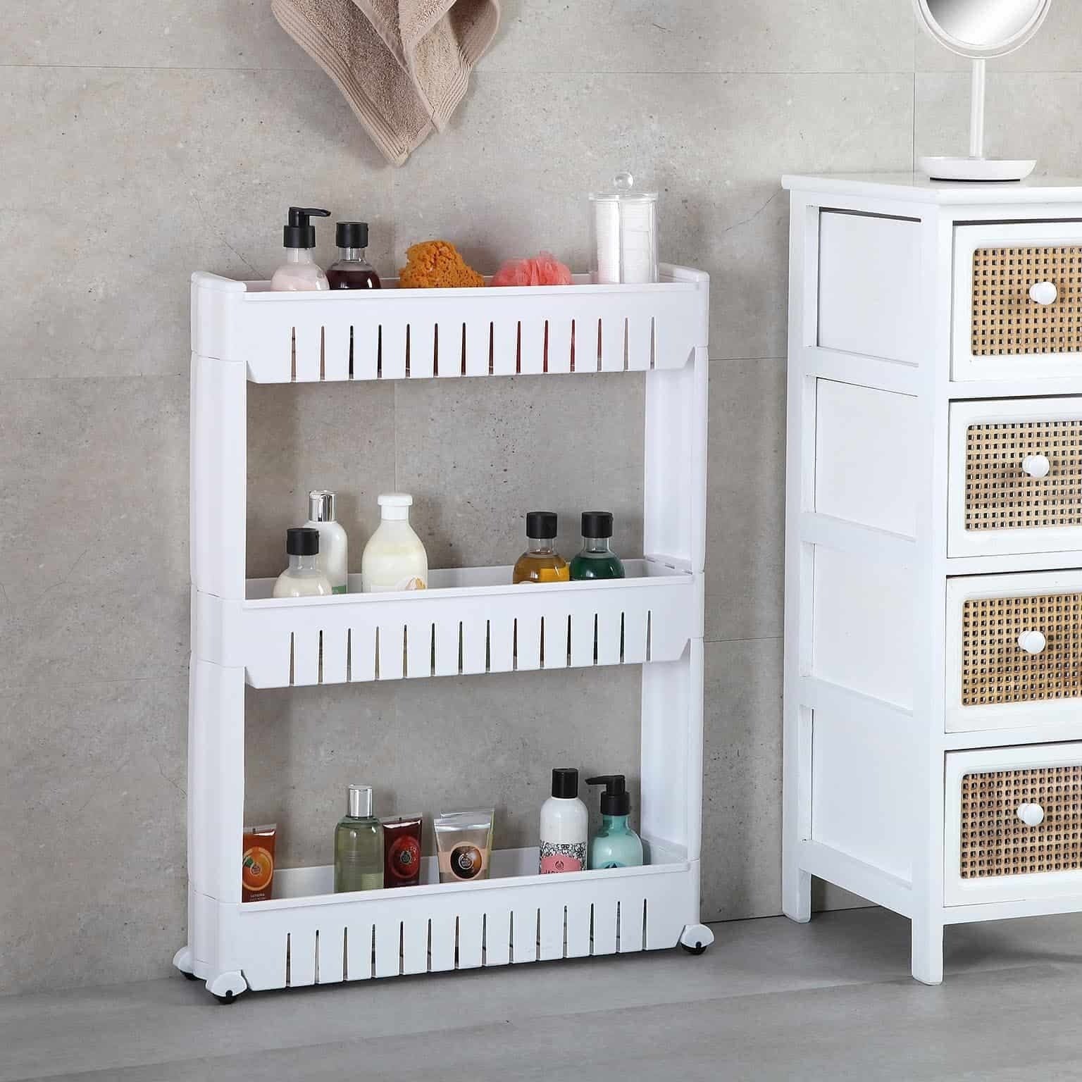 Carrito de Almacenamiento de 3 Alturas con Ruedas para moverlo Facilmente, Carrito Organizador de 54,3 x 12,4 x 72 cm, Ideal para Cocina y Baño, Ocupa poco Espacio, Robusto y Duradero
