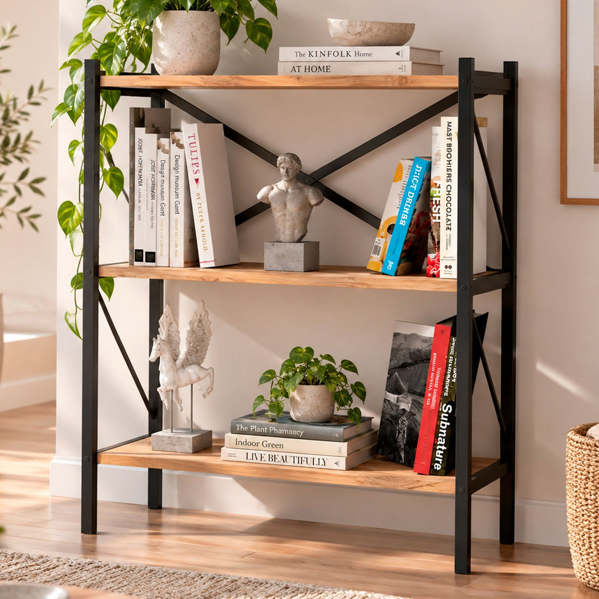 Estantería de Diseño Industrial de 3 Estantes, Mueble Organizador para Salón, Dormitorio y Oficina, Diseño Vertical con Estructura Metálica y Estantes de Acabado Madera, 66 x 34 x 85 cm