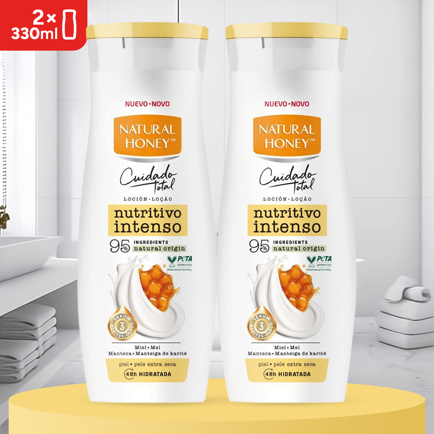 Natural Honey, Loción Corporal Nutritiva para Pieles Muy Secas, 48H de Nutrición Continua, Fórmula Enriquecida con Miel y Manteca, Piel Suave y Elástica, Línea Cuidado Total, 330 ml por Botella