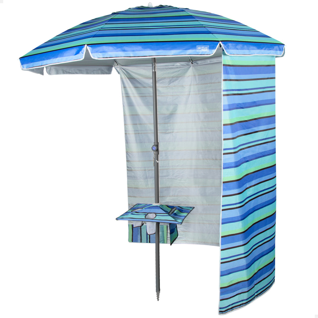 Sombrilla Playa Grande con Para Viento, 210 cm, Inclinable, Incluye Mesa con Reposavasos, Colgador con Ganchos, Protección UV 50, Diseñado para Favorecer la Ventilación, Tela Oxford con Revestimiento, 8 Varillas Resistentes, Ancho Tubo 28/32mm