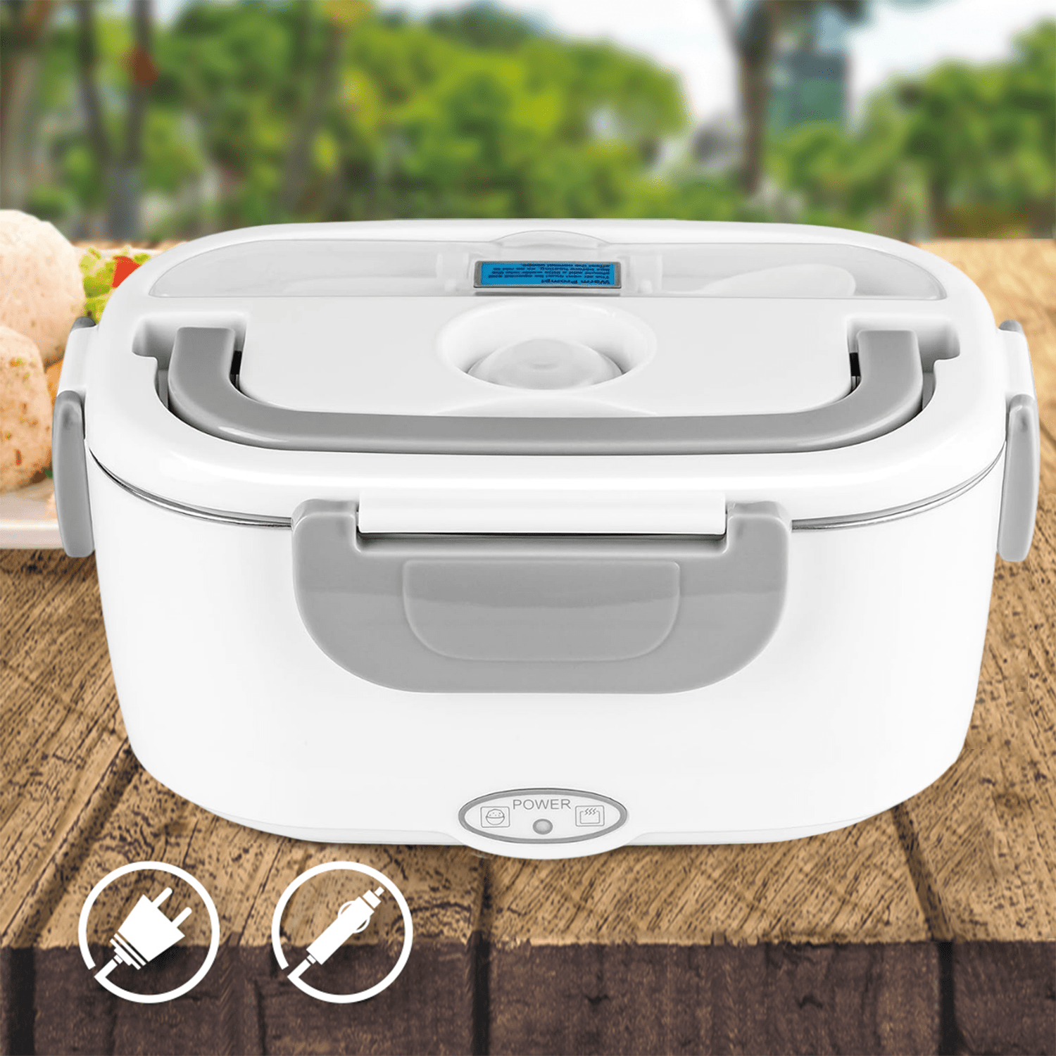 Caja Termica Portatil con 2 Compartimentos, Lonchera Electrica con Asa de Transporte, 1L de Capacidad, Calienta en Pocos Minutos, Enchufe para Casa y Coche Incluido, Espacio para Cubiertos con Cuchara Incluida, Fácil Limpieza