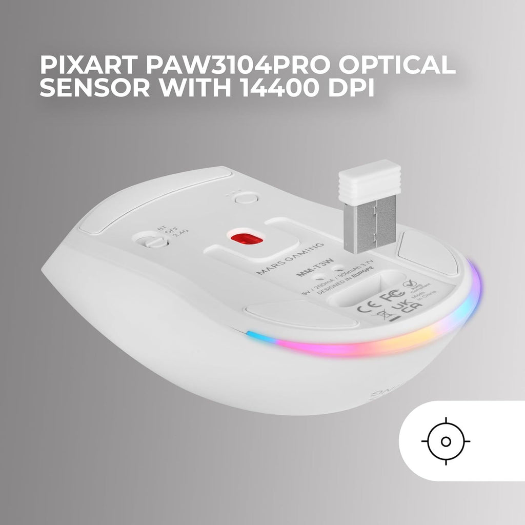 Mars Gaming MM-T3, Ratón Inalámbrico Ligero, Bluetooth 5.0 + 2.4GHz + Cable, Sensor Óptico PIXART PAW3104PRO 14400 dpi, Base de Carga Magnética RGB, Switches Huano, Software de Control, Blanco