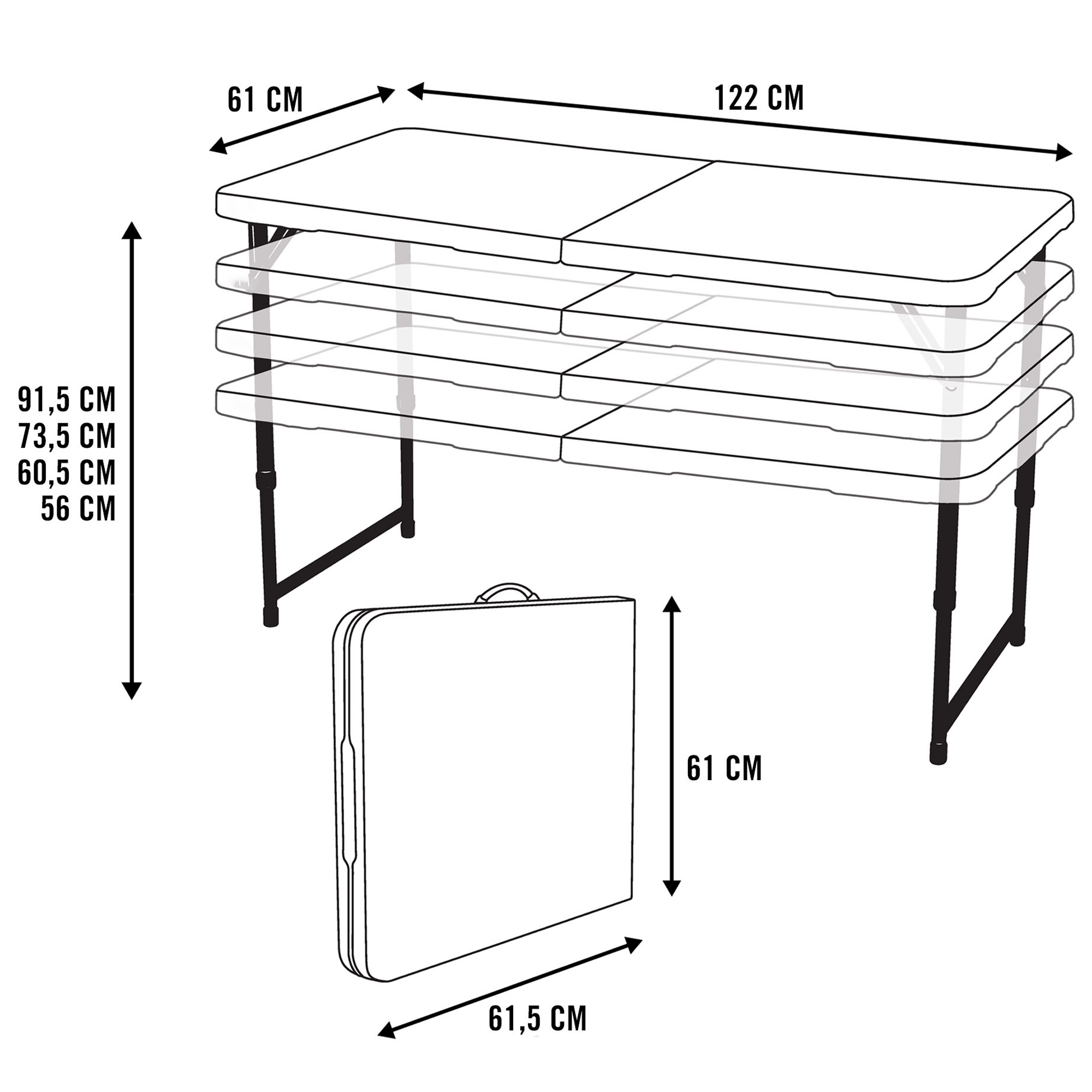 Mesa Plegable Portátil, Mesa Camping Plegable con Asa para Fácil Transporte, 4 Alturas Regulables, Resistente al Agua y Rayos UV, Soporta hasta 340Kg, Esquinas Reforzadas, Diseño Ligero, Resistente a Manchas