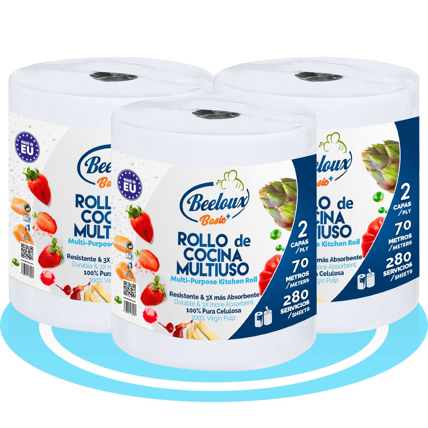Rollo Papel Cocina Multiuso de 2 Capas, Rollo de Toallas de Papel, Resistente y Muy Absorbente, Hecho con Celulosa Pura, Hasta 280 Usos, 70 metros