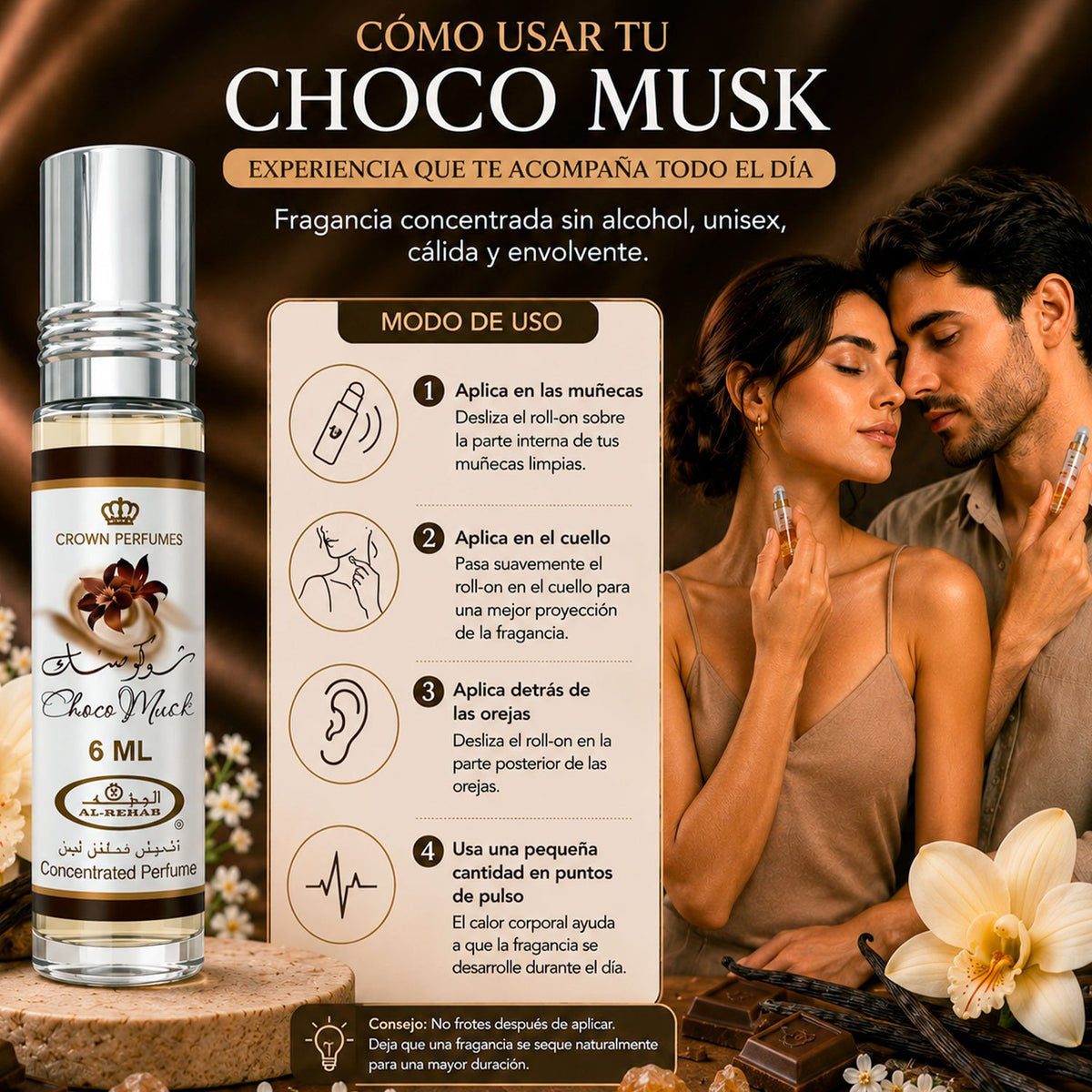 Al Rehab Choco Musk Perfume Árabe en Aceite Concentrado para Aromatizar la Piel durante Todo el Día con Aroma Dulces de Chocolate y Vainilla sin Alcohol en Formato Roll-On Portátil, 6 ml