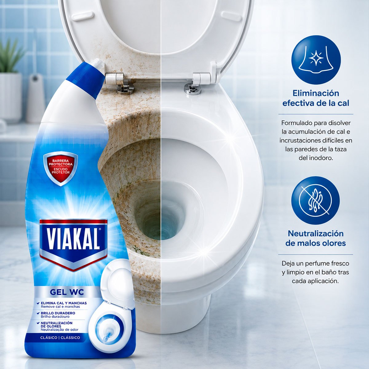 Viakal Gel Inodoro Antical para Limpiar y Eliminar Incrustaciones con Acción Brillante en Botella Dosificadora, 750 ml