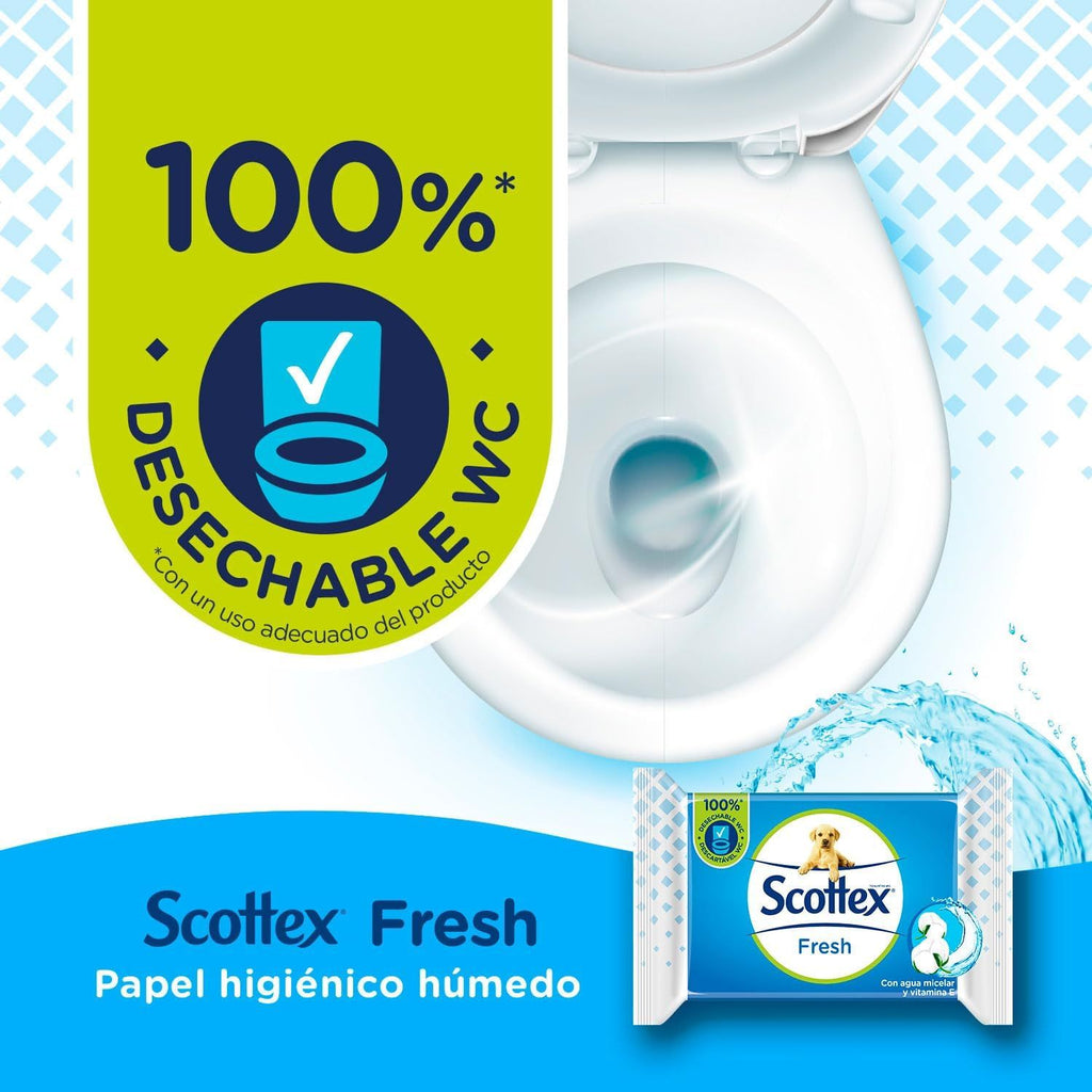 Scottex Toallitas Húmedas Desechables por el WC, Papel Higiénico Húmedo Fresh con Agua Micelar y Vitamina E, Biodegradable y Sin Plástico