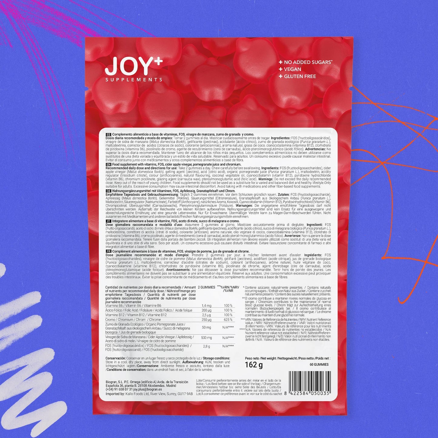 Pack x3 Gominolas para el Control de Glucosa con Vinagre de Manzana, Cromo, Ácido Fólico, Vitaminas B6 y B12, Sabor Manzana, 3 x 60 Gummies, 180 Gummies - Joy+ Supplements
