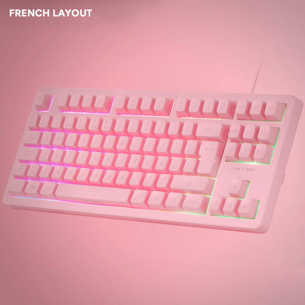 Mars Gaming MK023, Teclado Gaming TKL, Tecnología Híbrida H-Mech, Iluminación FRGB Rainbow, Anti-ghosting, Compatibilidad Universal, Rosa, Idioma Francés