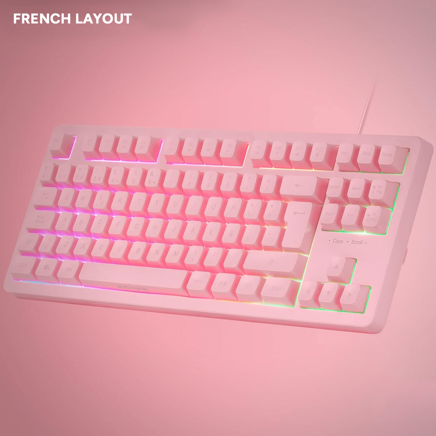 Mars Gaming MK023, Teclado Gaming TKL, Tecnología Híbrida H-Mech, Iluminación FRGB Rainbow, Anti-ghosting, Compatibilidad Universal, Rosa, Idioma Francés