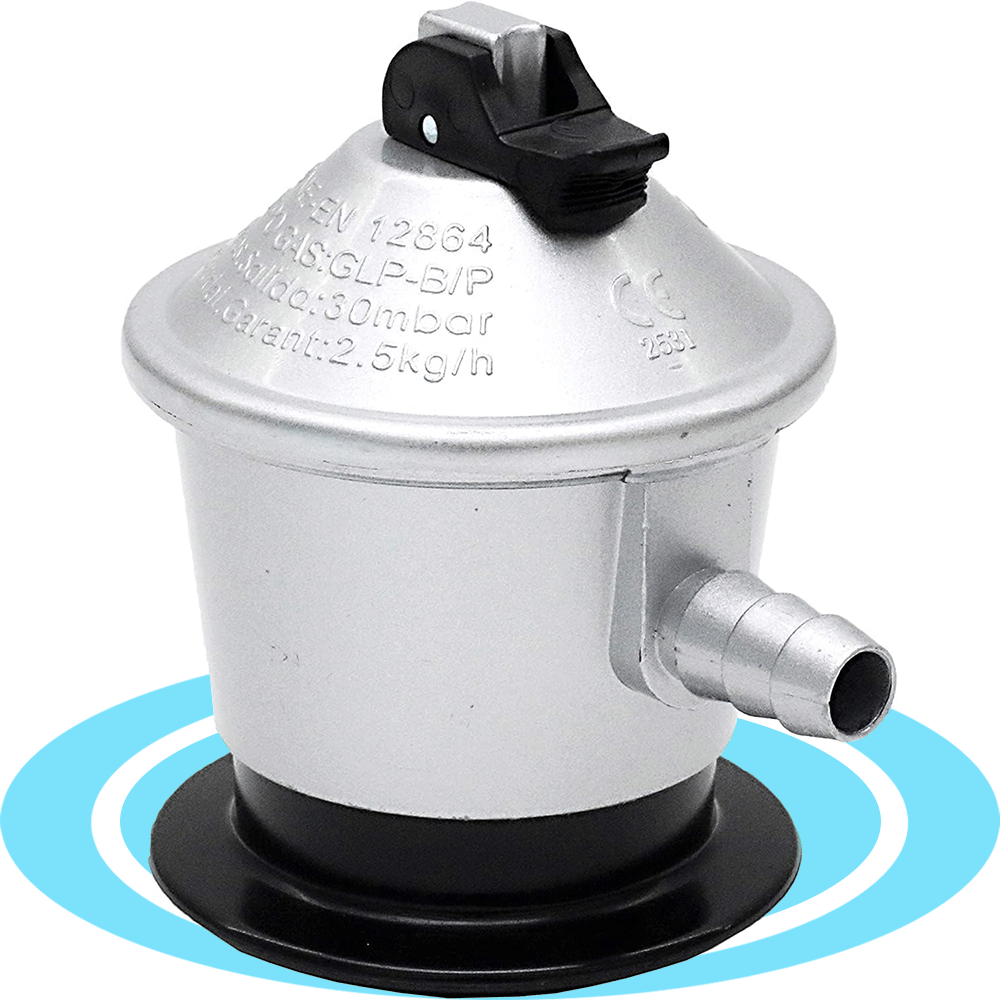 Regulador de Gas Butano con Válvula de Seguridad, con Certificación Europea y Española, 30mbar, 7x7x10 cm