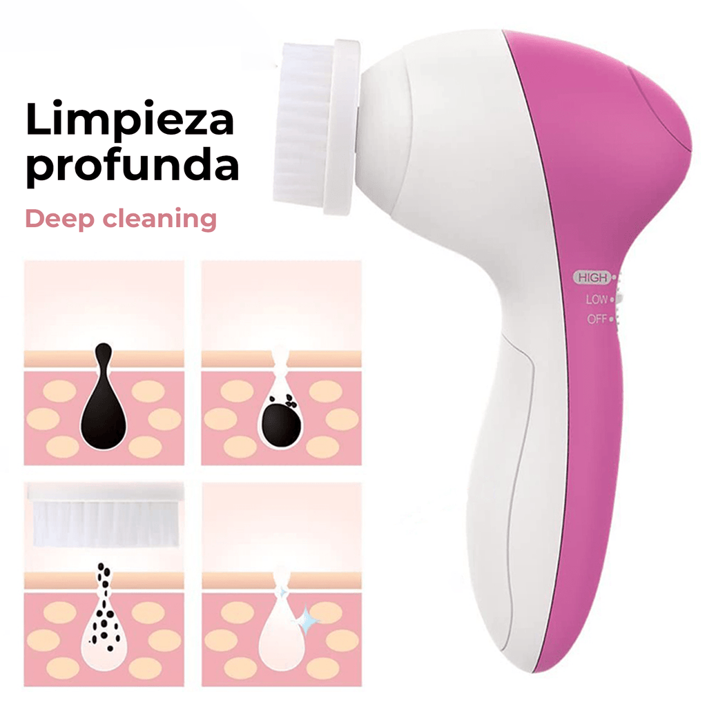 Cepillo Limpiador Facial Eléctrico 5 en 1, 2 Velocidades, Incluye Cabezal de Cepillo de Limpieza Profunda, Esponja para Maquillaje, Esponja para Masaje, Masajeador de Esferas, Disco Exfoliante, Funciona con 2 Pilas AA (No Incl)