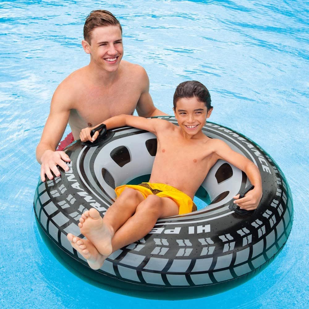 Flotador Piscina Inflable, Rueda Hinchable de 114cm de Diámetro, 2 Asas de Sujección, Soporta hasta 100Kg, Incluye Parche de Reparación