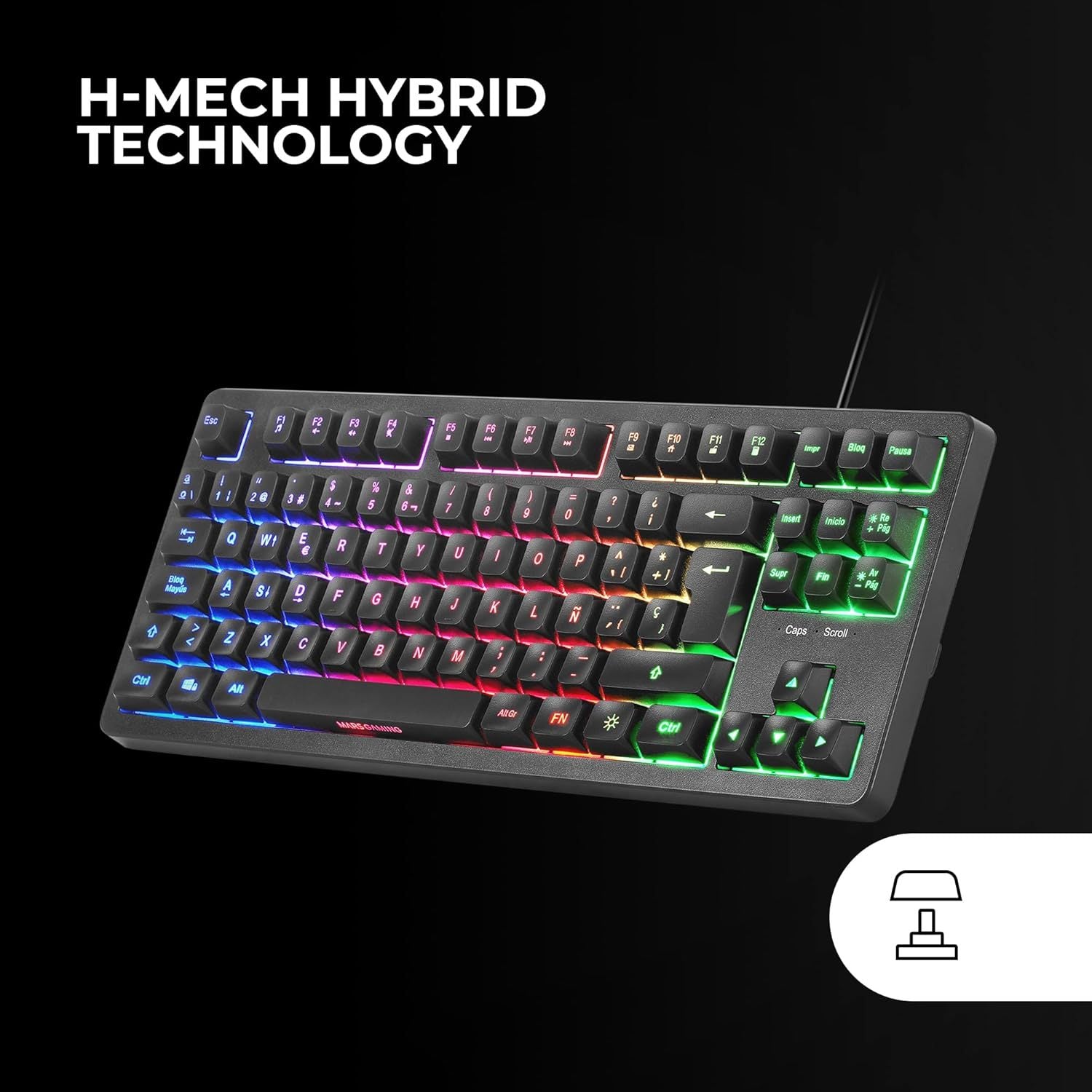 Mars Gaming MK023, Teclado Gaming TKL, Tecnología Híbrida H-Mech, Iluminación FRGB Rainbow, Anti-ghosting, Compatibilidad Universal, Negro, Idioma Español