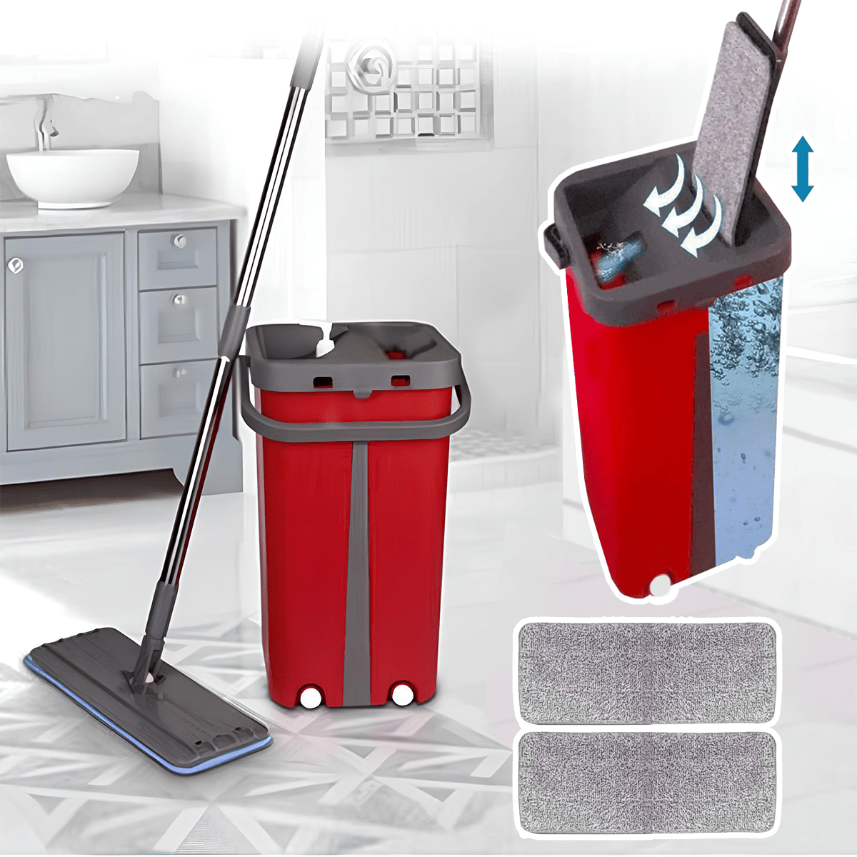 Fregona y Cubo de Limpieza Escurridor con Compartimentos, Cabezal Plano y Flexible Rotación 360. Cubo Escurrefacil. Recipiente Auto Limpiante que Permite el Lavado y Secado de la Mopa. Se puede usar en Seco o en Mojado. Ideal para Limpiar Suelos, Paredes