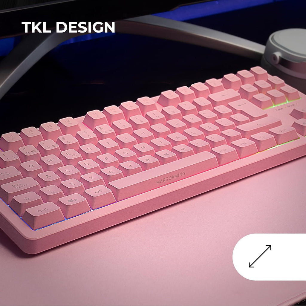 Mars Gaming MK023, Teclado Gaming TKL, Tecnología Híbrida H-Mech, Iluminación FRGB Rainbow, Anti-ghosting, Compatibilidad Universal, Rosa, Idioma Francés