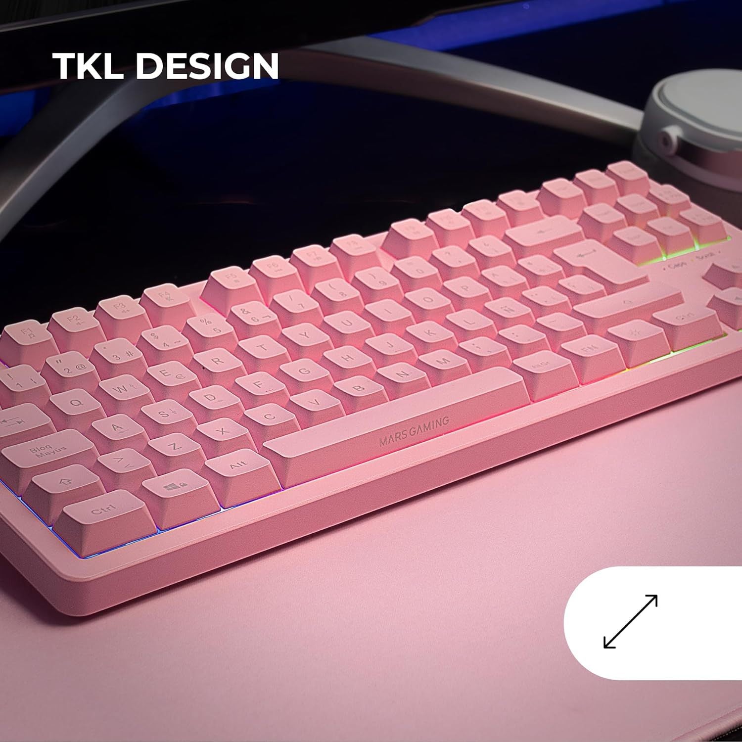 Mars Gaming MK023, Teclado Gaming TKL, Tecnología Híbrida H-Mech, Iluminación FRGB Rainbow, Anti-ghosting, Compatibilidad Universal, Rosa, Idioma Francés