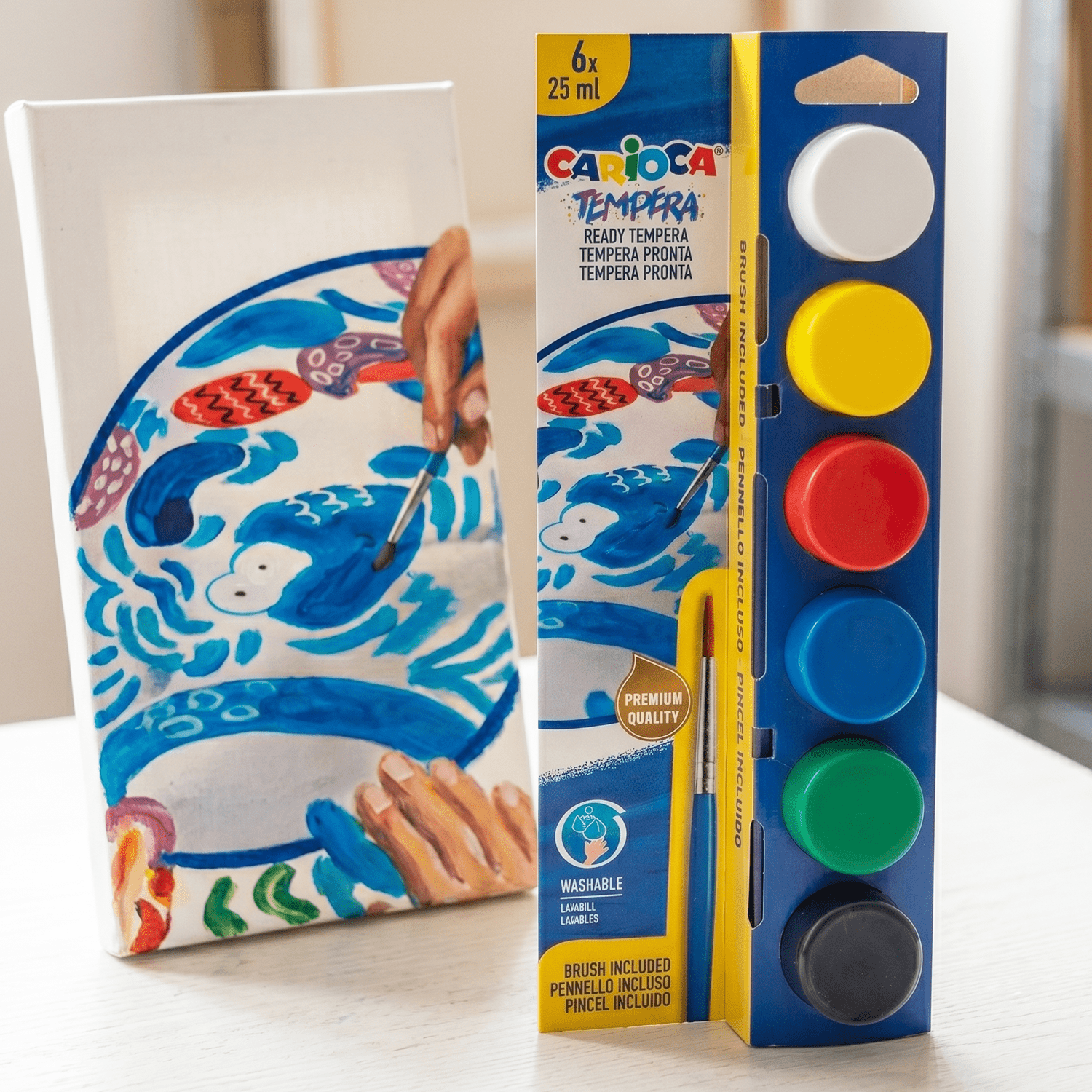 CARIOCA Temperas de Colores, 6 Colores, Incluye Pincel, Listas para Usar, Lavables, Máxima Calidad de Pigmento, 6 Temperas de 25ml